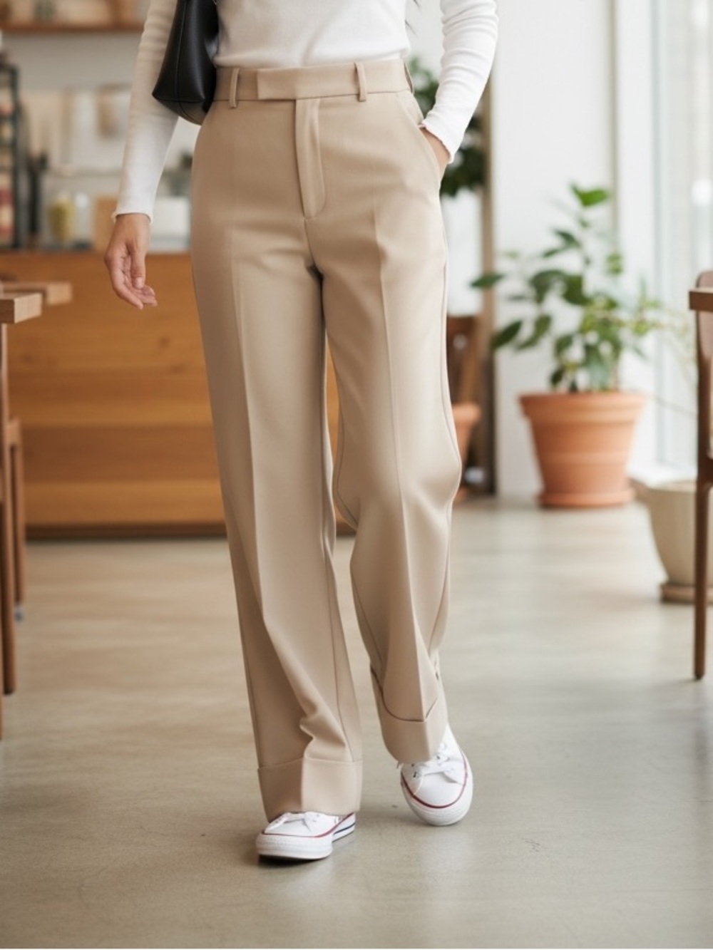 Abercrombie & Fitch Cuffed Hem Tailored Wide Leg Pant Beige Size27